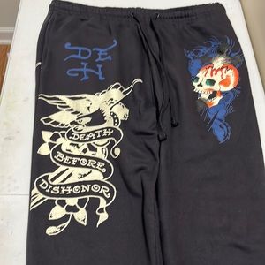**NEW** Ed Hardy Mens Black Skull Print Elastic Waist Pockets Sweatpants LARGE